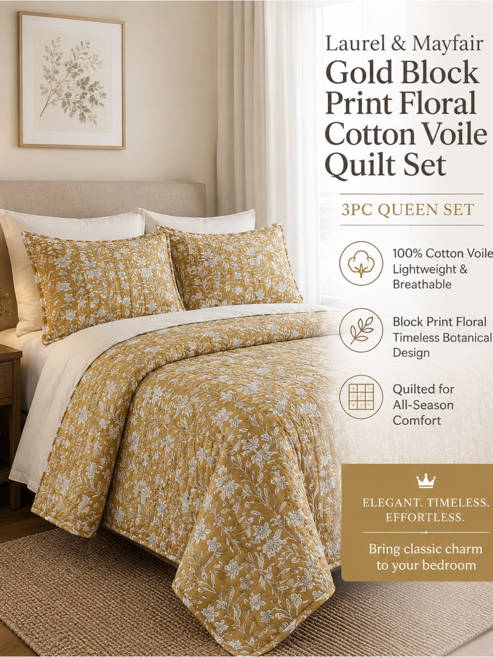Laurel & Mayfair Gold Block Print Floral Cotton Voile Queen Quilt Set 3pc Gold